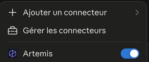 Le menu Connecteurs d'une conversation, Artemis activé