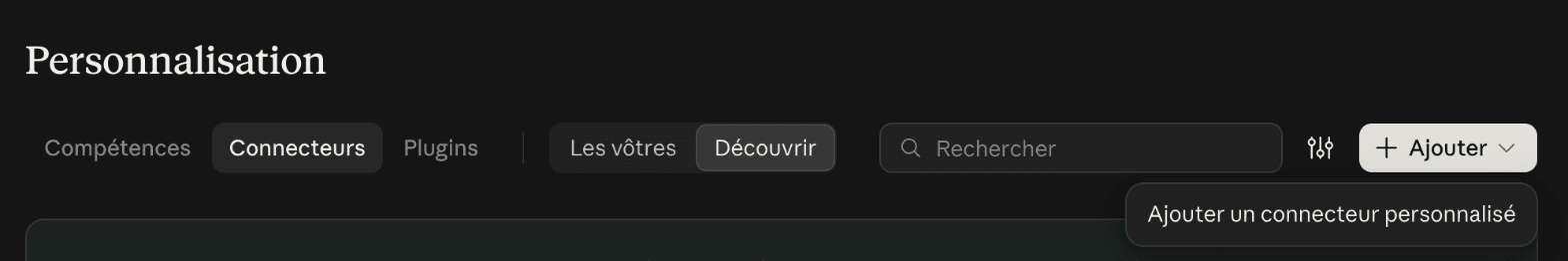 Dans Personnalisation, l'onglet Connecteurs et le menu du bouton Ajouter