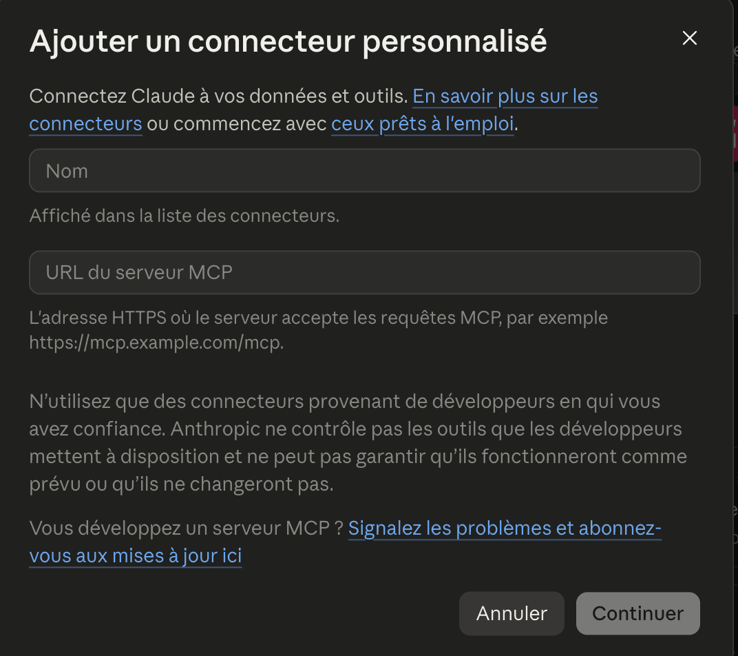 La fenêtre « Ajouter un connecteur personnalisé », avant de la remplir