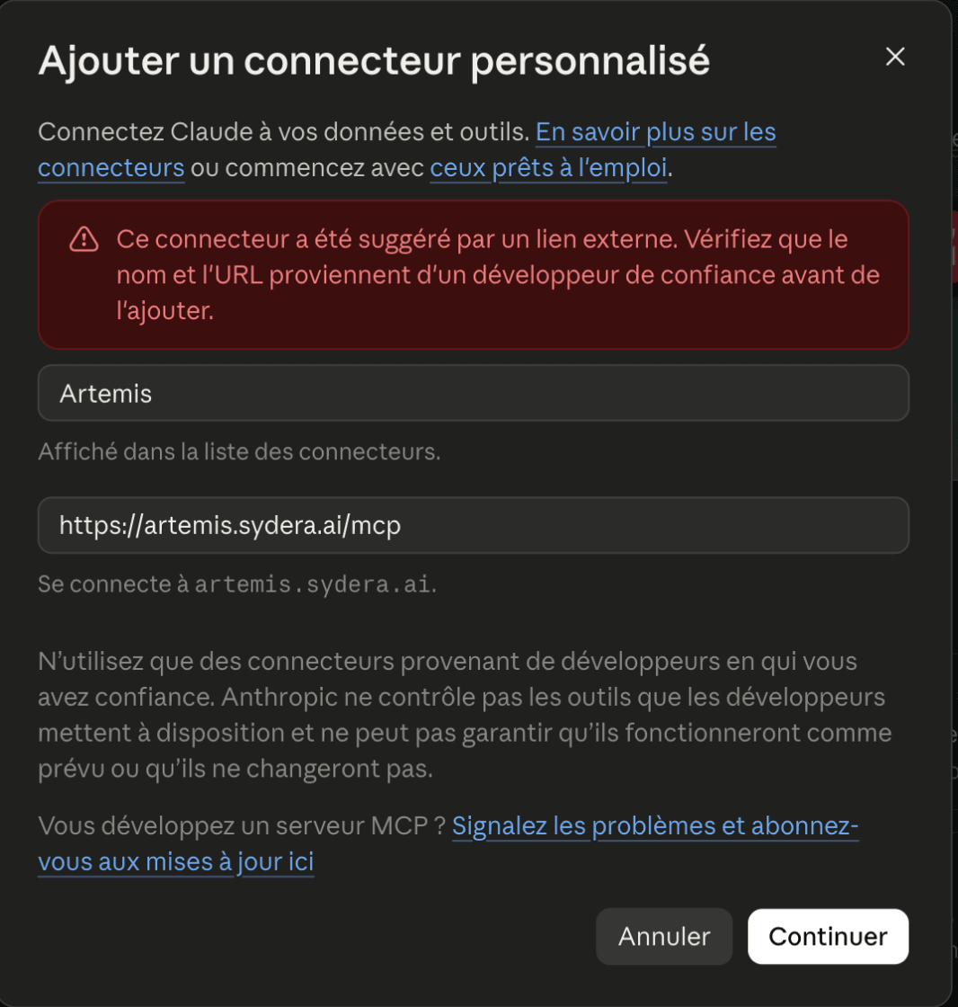 La fenêtre de Claude ouverte depuis ce lien, avec le nom et l'adresse d'Artemis déjà remplis
